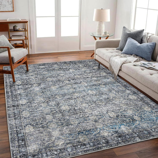 Area Rug 6'x9' Washable Vintage Traditional Floor Cover Thin Retro Kitchen Indoor Distressed Non Slip Carpet for Living Room Bedroom Dining Room