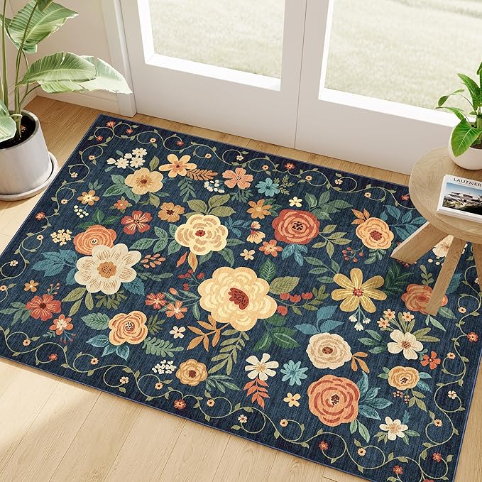 DUKINO 2x3 Rugs for Entryway, Floral Indoor Washable Door Mat, Non Slip Boho Small Rug for Kitchen, Soft Low Pile Front Door Throw Rug for Entrance, Bedroom, Kitchen, Laundry, Bathroom, Dark Blue