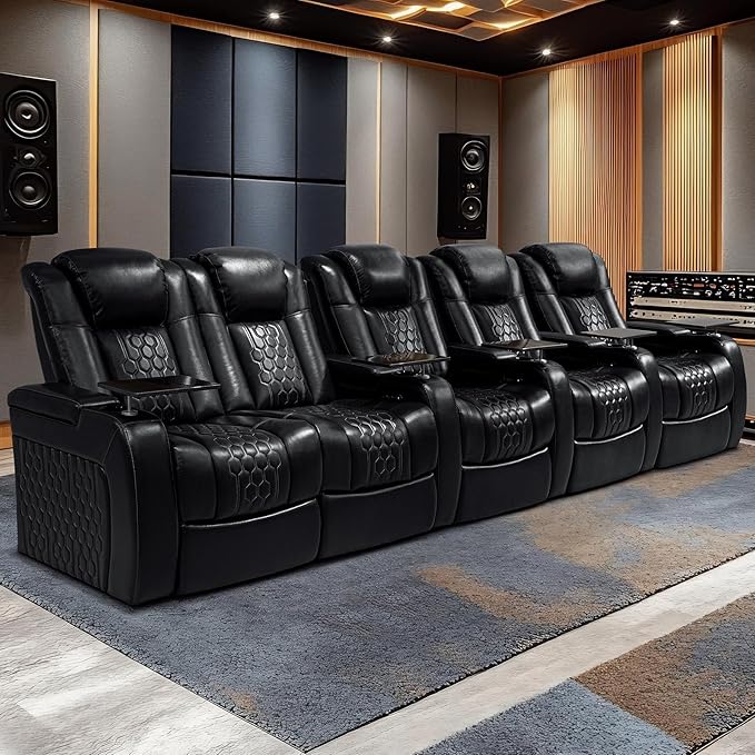Home Theater Seating, Living Room, Heat & Massage, Powered Headrest, Powered Lumbar, Italian Leather, Powered Recline, Single Recliner (Black, Row of 5 Loveseat Left)