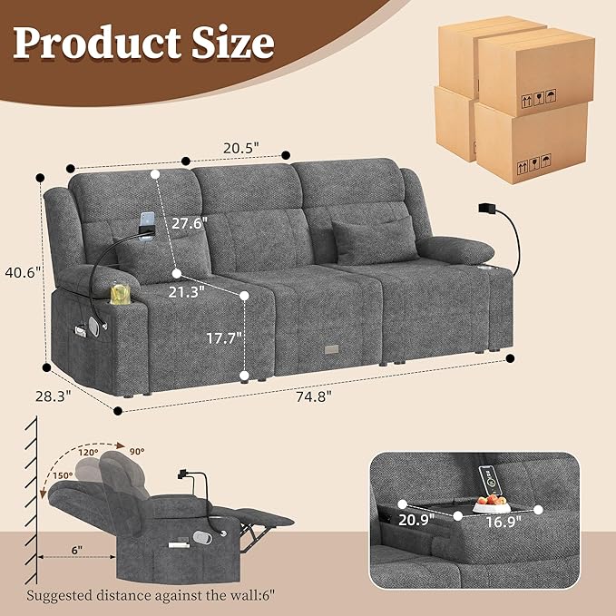 Home Theater Seating，RV Reclining Sofa Set with Adjustable Headrest， Recliner Sofa with Heat and USB&Type-C, Dawer & Cup Holders, 150° Recline for RV & Living Room(3-Seater Grey)