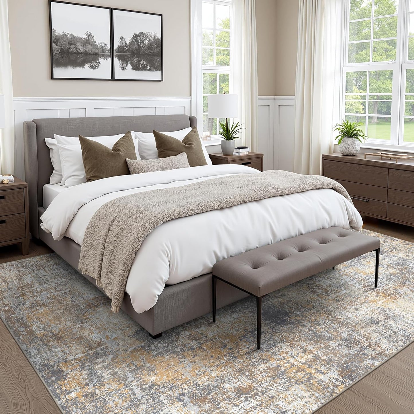 Area Rugs 5x7 for Living Room Bedroom, Modern Abstract Machine Washable Rug, Large Soft Low Pile Floor Cover with Non Slip Backing for Dining Room, Warm Beige Mist