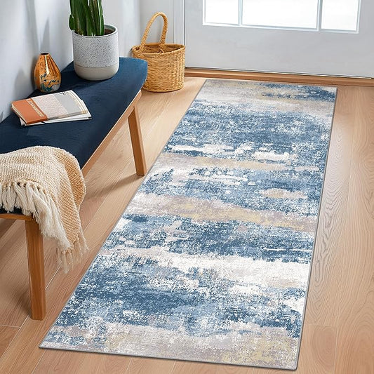 Runner Rug for Hallway Kitchen 2x8 Machine Washable Runners Rug for Entryway, Blue Cream Soft Modern Abstract Throw Rugs, Floor Carpet with Non Slip Rubber Backing