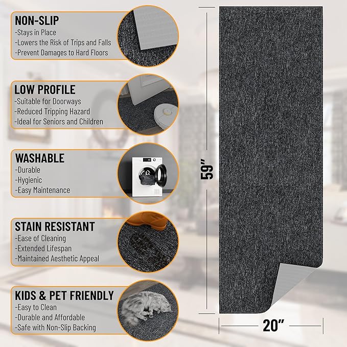 Ottomanson 20" x 59" Ultra-Thin Hallway Runner Rug - Durable Non-Slip Carpet for High-Traffic Areas - Fits Under Doors for Seamless Entry - Ideal for Kitchen, Entryway, Bedroom & Living Room, Black