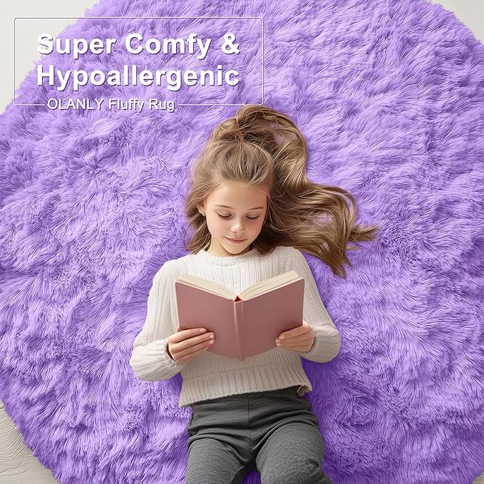 OLANLY Purple Round Rugs for Bedroom - Machine Washable, 5 ft Circle Area Rugs for Living Room, Soft and Fluffy Shaggy Carpet for Teen Girls and Boys, Nursery Rooms, Dorms, Home Decor Aesthetic