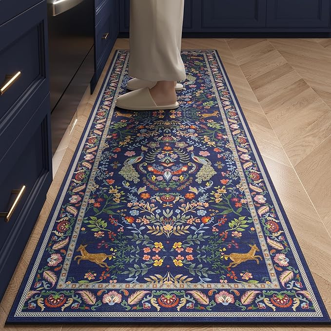 Runner Rug Washable Kitchen Runner 2'6''x8' Runner Rug for Entryway Indoor Floral Non-Slip Soft Carpet Runner for Hallways, Kitchen, Laundry, Bedroom, Bathroom(Blue)