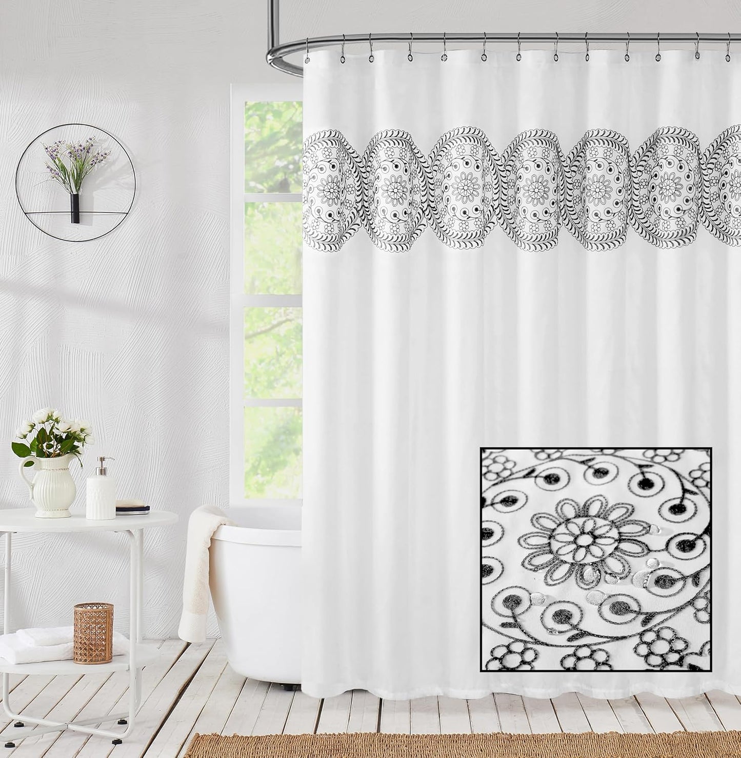 Jubilantex White Embroidered Shower Curtain for Bathroom, Black and White Boho Farmhouse Floral Decorative Waterproof Rustic Style Water Resistant Bath Room Curtain Fabric for Spa Hotel, 70x72 Inches