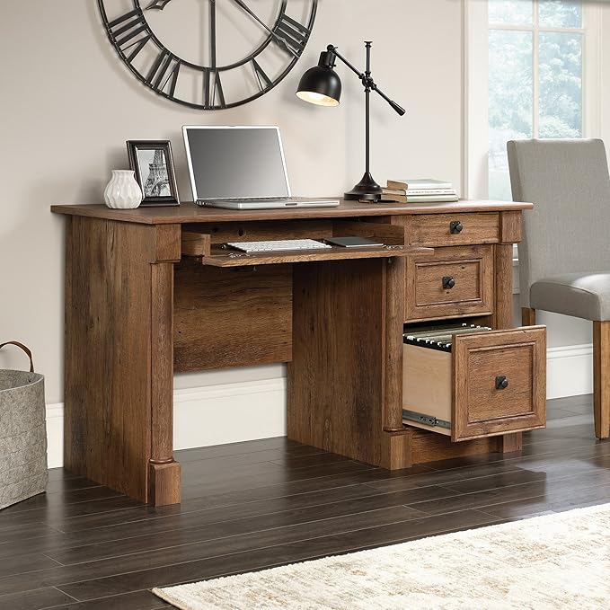 Sauder Palladia Computer Desk with Drawers, Home Office Desk with File Cabinet Storage Drawer, Cable Management, Keyboard Tray, in Vintage Oak finish