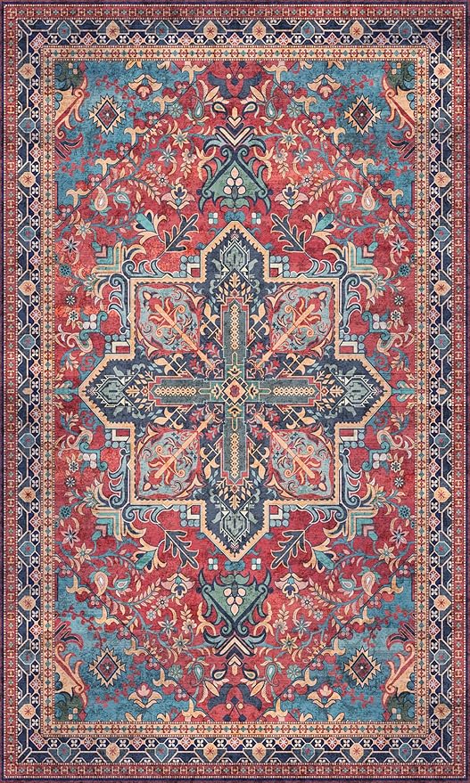 Washable Entryway Rug 3x5 | Non Slip Rug Runners for Hallways, Entryways, Kitchens, Bathrooms, Bedrooms | Ultra-Soft Flannel Carpet Kitchen Rug with Rubber Backing (Navy Red, 3x5)