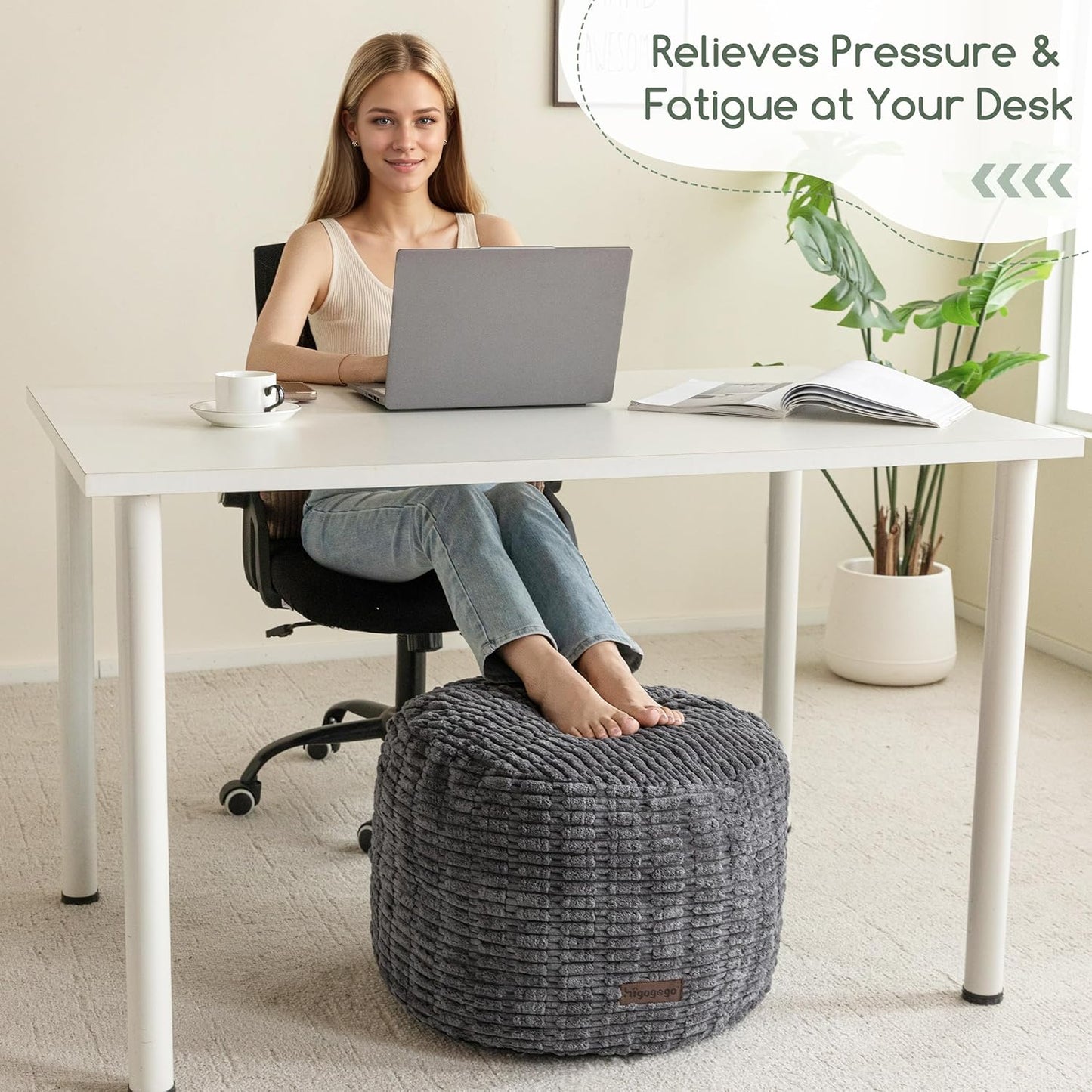 HIGOGOGO Pouf Ottoman Stuffed Round Modern Foam Filled Foot Rest Poufs for Living Room Chair Decorative 26 X 18 Inches Boho Relax Stool for Wedding Christmas Party, Dark Grey