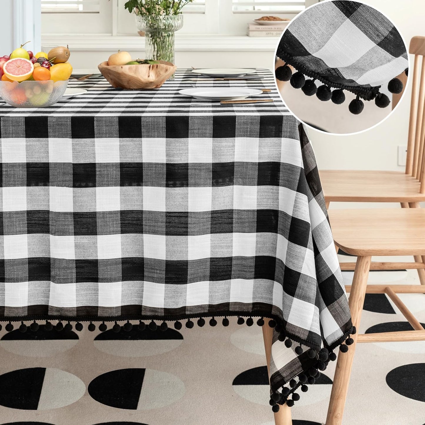 Jubilantex Buffalo Plaid Table Cloth for Rectangle Tables with Tassel Black and White Rustic Linen Textured Farmhouse Heavyweight Burlap Table Cover for Kitchen Dining Tabletop Decoration,60x 84 inch
