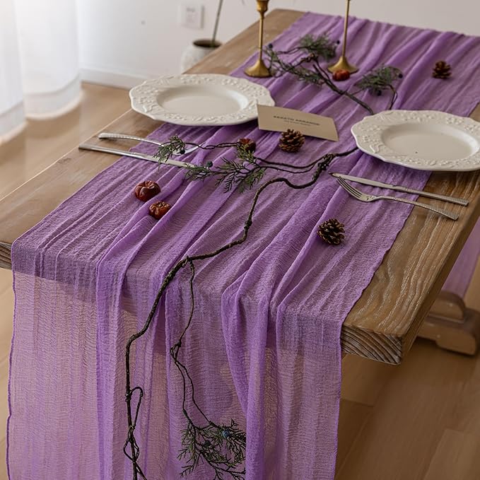 3pcs Lilac Gauze Rustic Cheesecloth Table Runner 120 Inch 10 FT for Wedding Baby Shower Bridal Shower Birthday Engagement Garden Outdoor Party Long Sheer Boho Decorations