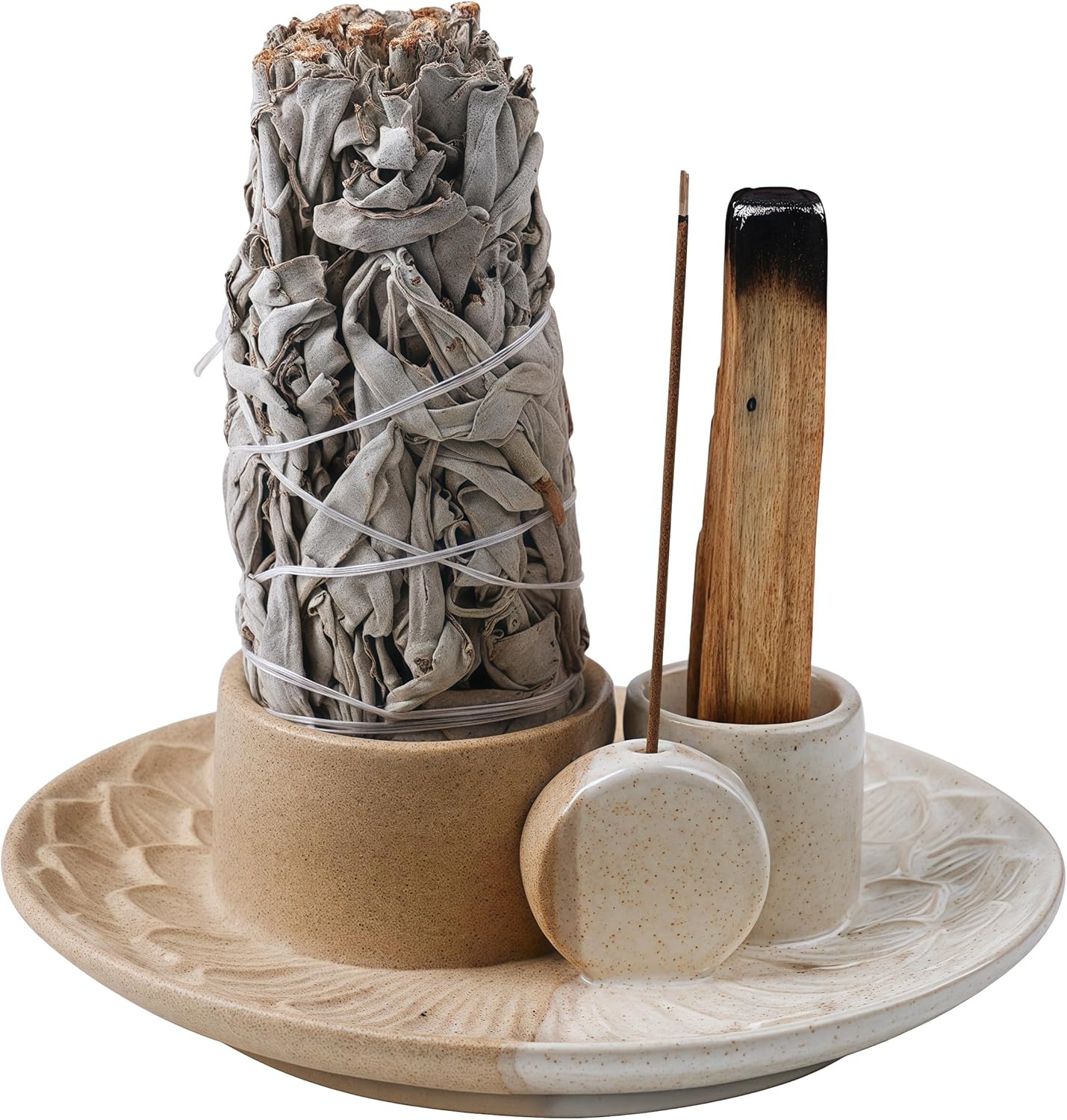 4 in 1 Incense Holder, Ceramic Incense Stick and Palo Santo Holder,Sage Holder for Burning- 5.5" Ceramic Ash Catcher Tray for Meditation and Yoga Room (Sand)