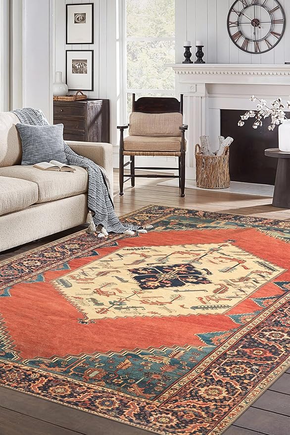 Keen Home Design 8x10 Rug - Machine Washable Area Rug with Non-Slip Backing, Ideal for Living Room, Dining Room, Bedroom - Vintage, Easy Clean, Durable, Low Pile Rug - (8' x 10')