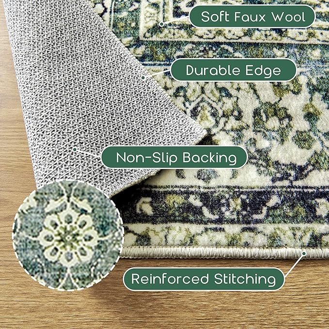 5x7 Area Rugs Washable Rugs for Living Room,Christmas Faux Wool Soft Moody Floral Boho Vintage Oriental Indoor Carpet Rug for Bedroom,5 by 7,Dark Emerald Green
