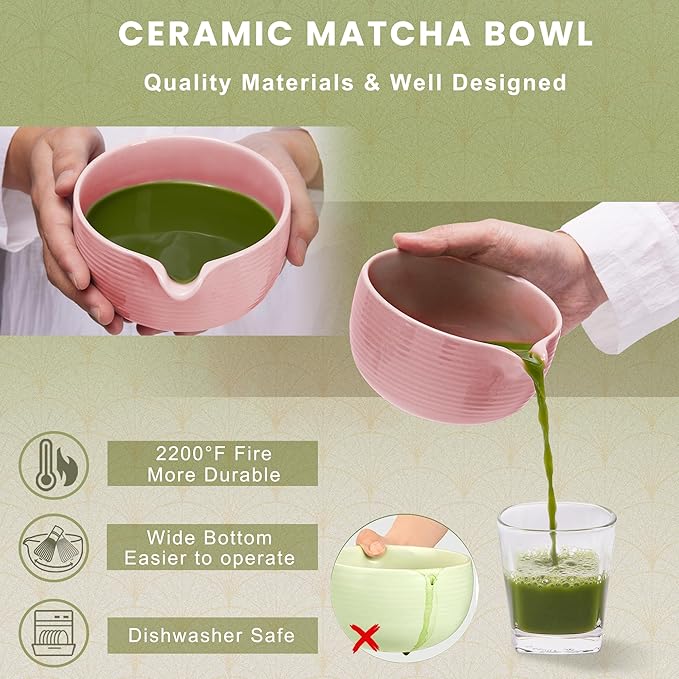 Matcha Whisk Set, Ceramic Matcha Set Includes Matcha Bowl, Matcha Whisk (Chasen) and Holder, Sifter, Bamboo Scoop & Spoon - 6 Pcs Matcha Kit for Matcha Lovers Pink