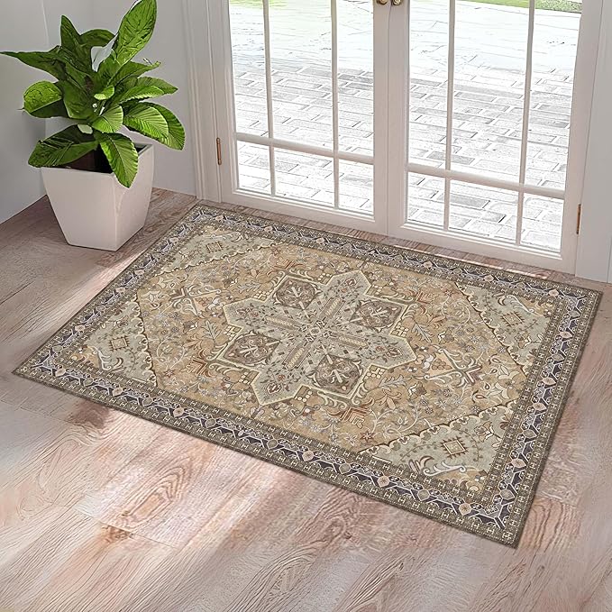 Washable Entryway Rug 3x5 | Non Slip Rug Runners for Hallways, Entryways, Kitchens, Bathrooms, Bedrooms | Ultra-Soft Flannel Carpet Kitchen Rug with Rubber Backing (Olive Brown, 3x5)