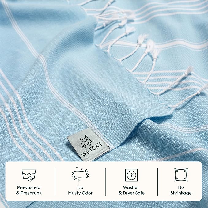 WETCAT Turkish Beach Towel Oversized (38"x71") 100% Turkish Cotton, Made in Turkey - Sand Free, Extra Large, Ultra Soft, Quick Drying, Compact & Lightweight for Travel - Light Blue