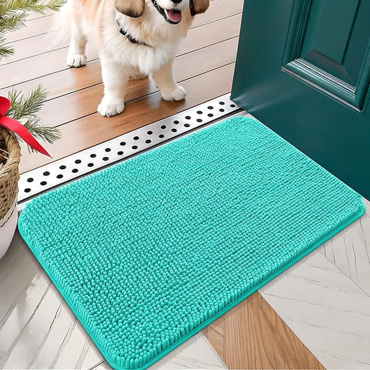 OLANLY Dog Door Mat for Muddy Paws 24x16, Absorbs Moisture and Dirt, Absorbent Non-Slip Washable Doormat, Quick Dry Chenille Mud Mat for Dogs, Entry Indoor Entryway Carpet for Inside Floor, Teal