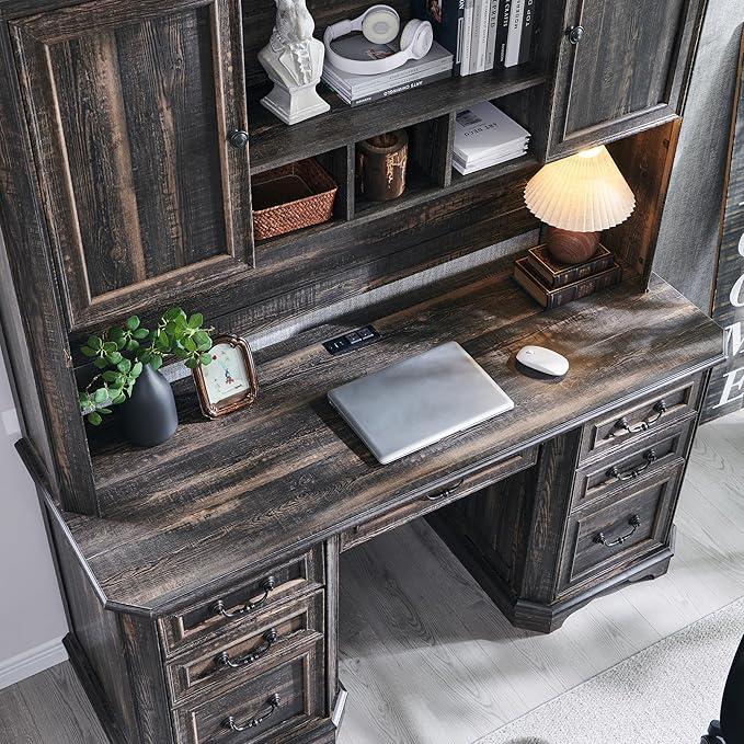 T4TREAM 59" Farmhouse Executive Desk with Hutch,Wood Home Office Computer Desk, Featuring Keyboard Tray,Charging Station,File Drawer, Storage Cabinet,for Work and Study (Dark Rustic Oak)