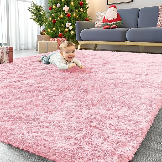 OLANLY 6x9 Machine Washable Large Area Rugs for Living Room, Bedroom, Soft Fluffy Shaggy Bedside Rug, Indoor Floor Carpet for Kids Girls and Boys, Dorms, Nursery, Home Decor Aesthetic, Pink