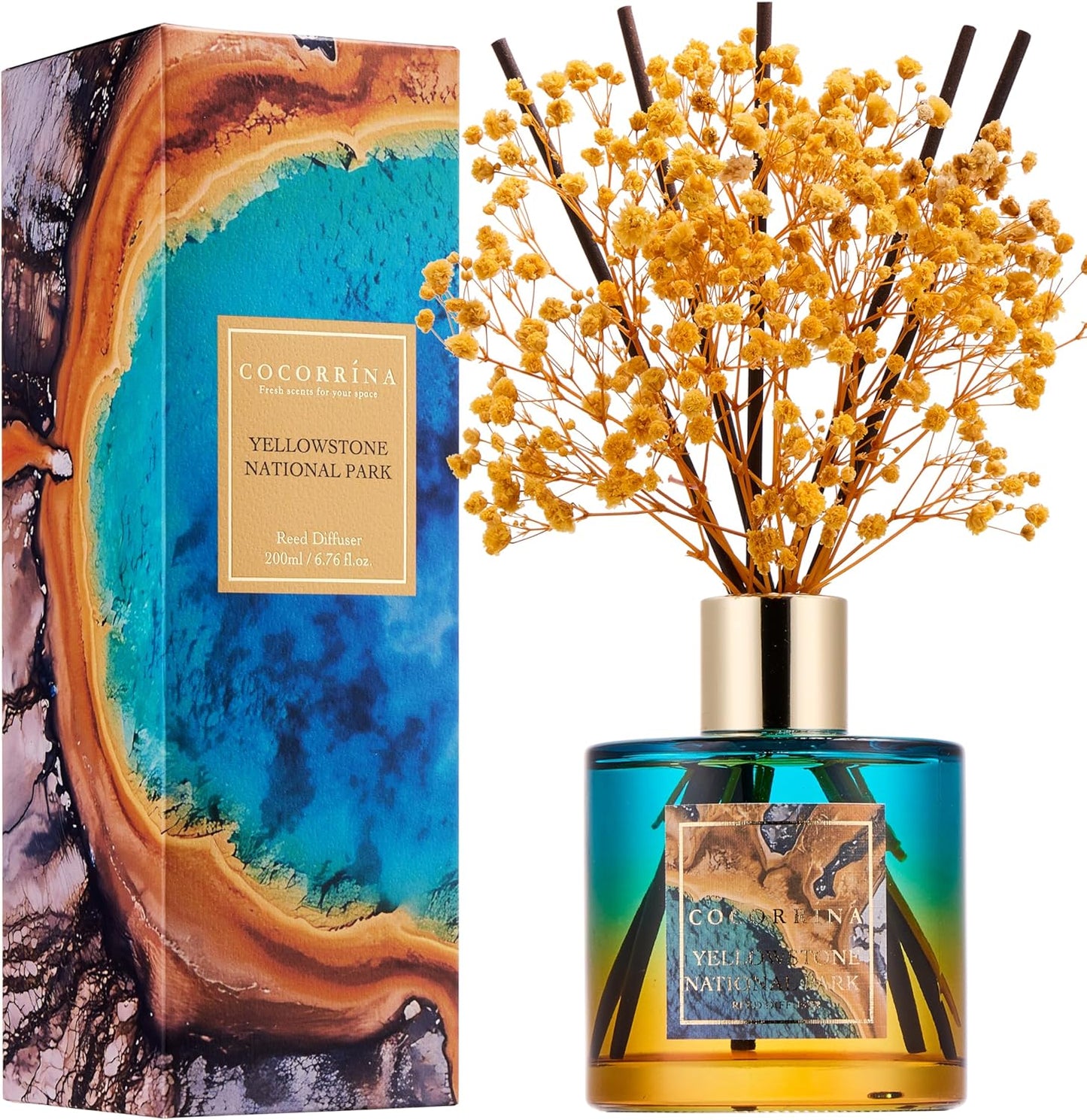 COCORRÍNA Reed Diffuser - Yellowstone National Park 6.7 Fl.oz Reed Diffuser Set with 8 Sticks & Preserved Baby's Breath, Reed Diffuser for Home Bathroom Shelf Decor