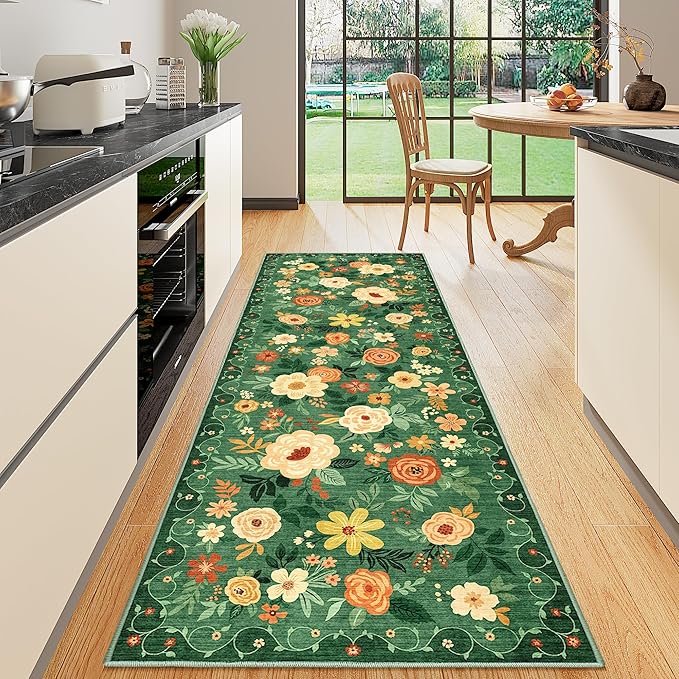 DUKINO 2x6 Runner Rug for Hallway, Washable Kitchen Runner Rug with Non Slip Backing, Low Pile Soft Boho Floral Runner for Kitchen, Hallway, Entryway, Laundry, Bedroom, Dark Green