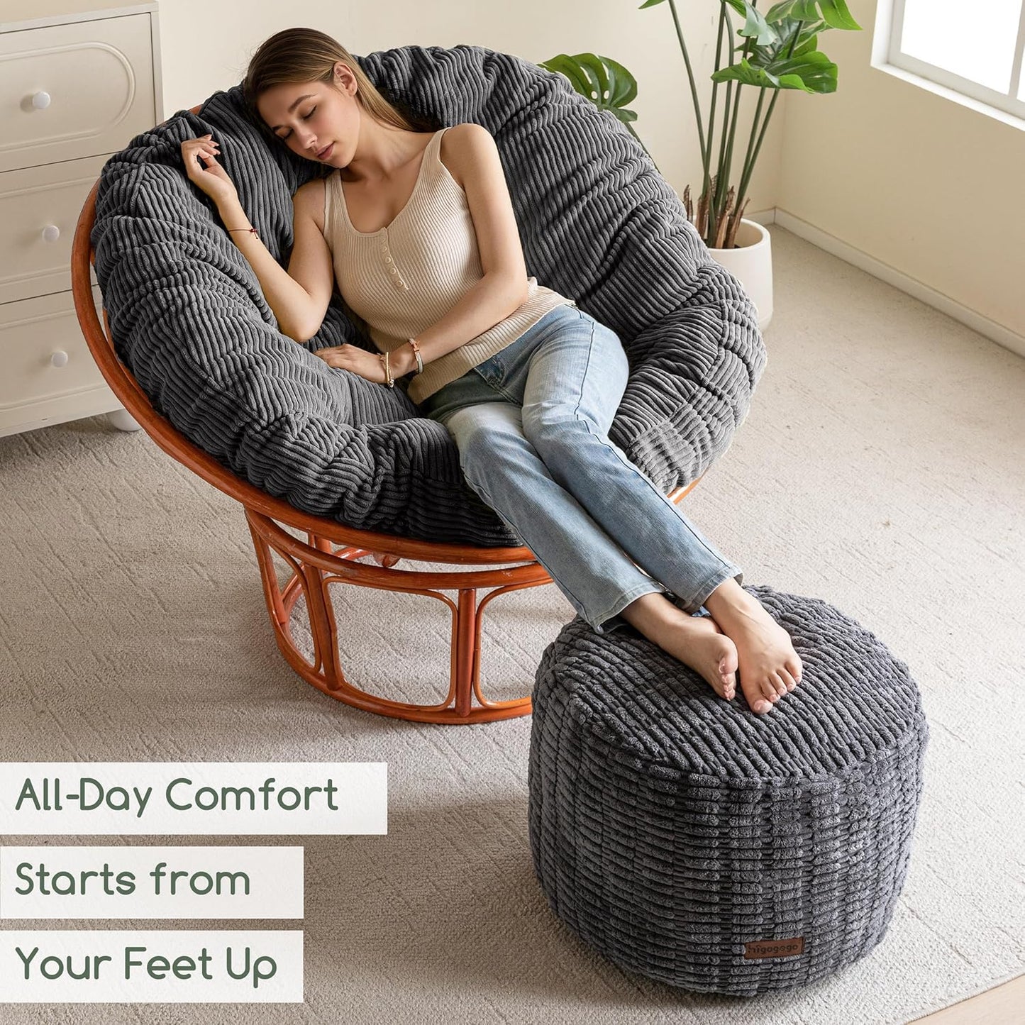 HIGOGOGO Pouf Ottoman Stuffed Round Modern Foam Filled Foot Rest Poufs for Living Room Chair Decorative 20 X 15 Inches Boho Relax Stool for Wedding Christmas Party, Dark Grey