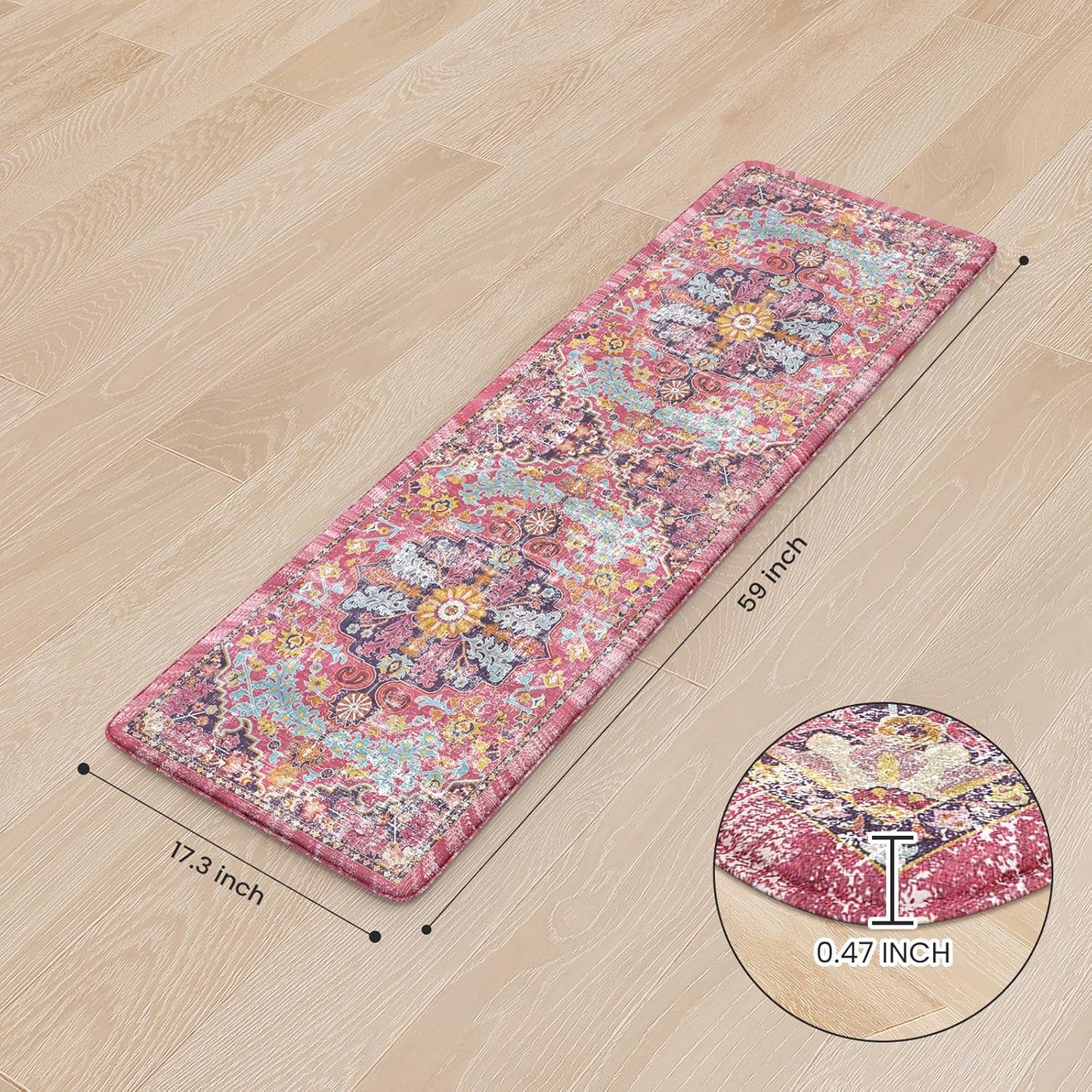 KIMODE Anti Fatigue Kitchen Mat, Cushioned Kitchen Mats for Floor, Boho Vintage Kitchen Rugs, Comfort Foam Standing Desk Mat for Laundry, Office, Sink Fuchsia/Multi 17.3"x59"