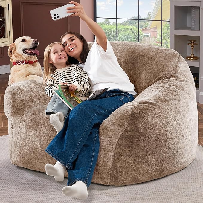 Homguava Bean Bag Chair Bean Bag Chairs for Adults Comfy Beanbag Chair with Spacious Design Giant Bean Bag Couch with Armrest Large Bean Bag Chair with Filler for Living Room Bedroom (Khaki)