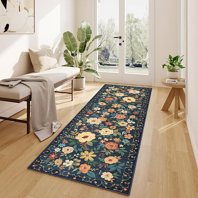 DUKINO Runner Rug, 2x10 Kitchen Hallway Carpet, Washable with Non-Slip Backing, Low Pile Soft Boho Floral for Entryway, Laundry, Bedroom, Dark Blue