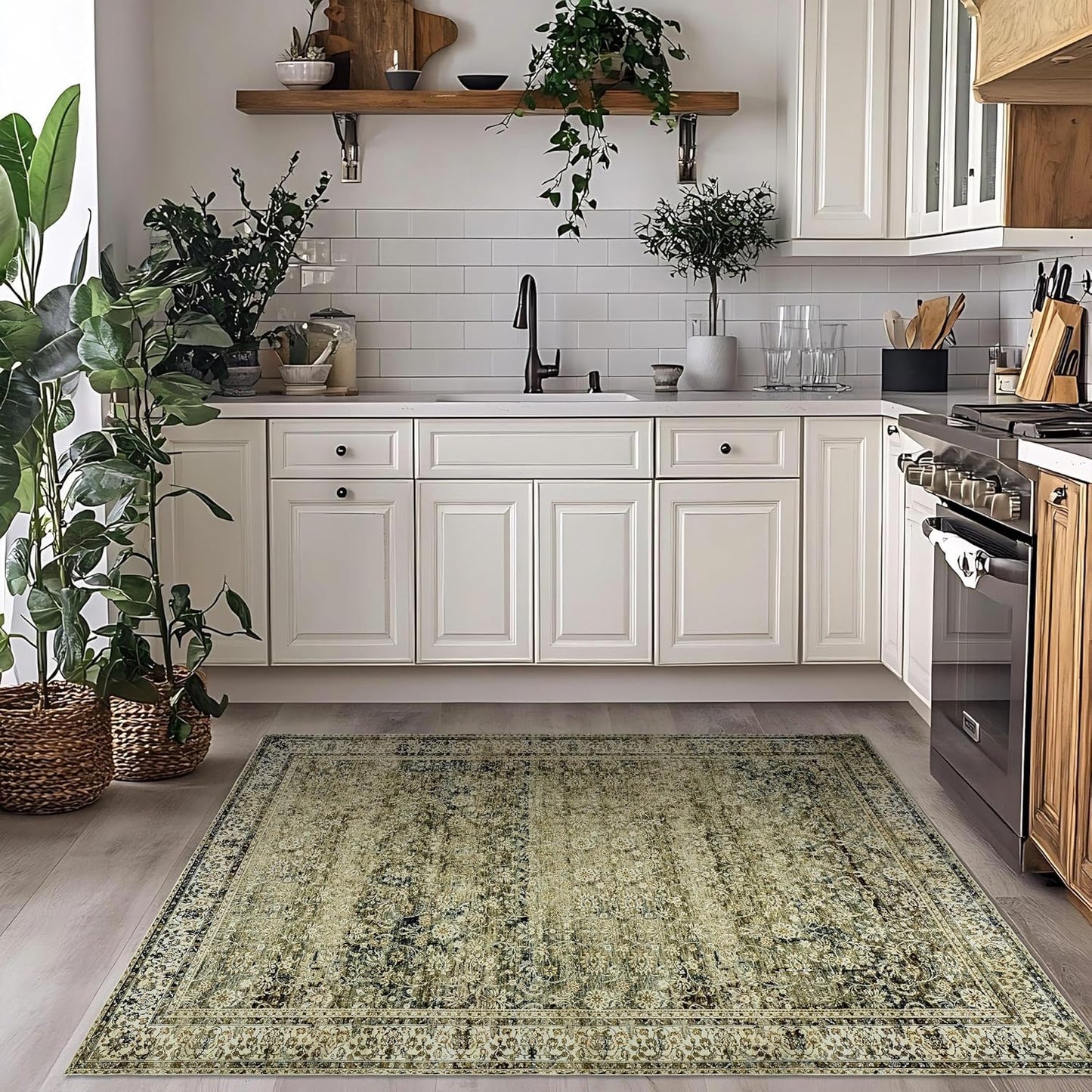 Vintage Design Floral Area Cream Rug Distressed Carpet Washable Non Slip Rug Kitchen Bedroom Dining Room 3x5 Cover Print,Tan Brown and Cream Beige