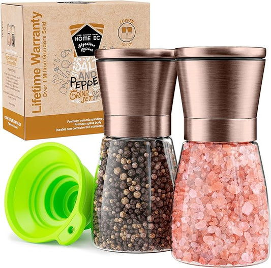 Home EC Original Copper Salt and Pepper Grinder Set of 2 - Adjustable Ceramic Grinder - Glass Salt and Pepper Shakers With Funnel and Ebook - Kitchen Spice Mill - Copper Kitchen Accessories