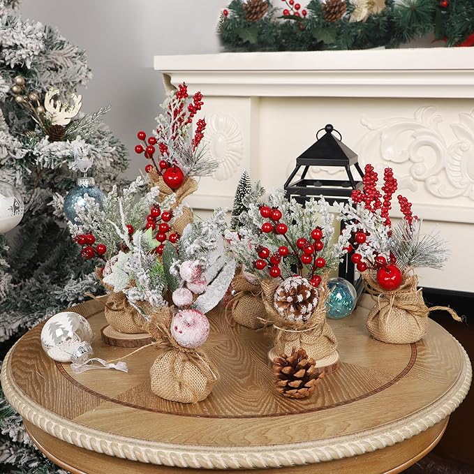 winemana 6 Pcs Mini Christmas Tree Table Decorations, 9" Small Artificial Trees with Red Berries Pine Cone Tabletop Centerpiece for Home Office Room Holiday Decorations