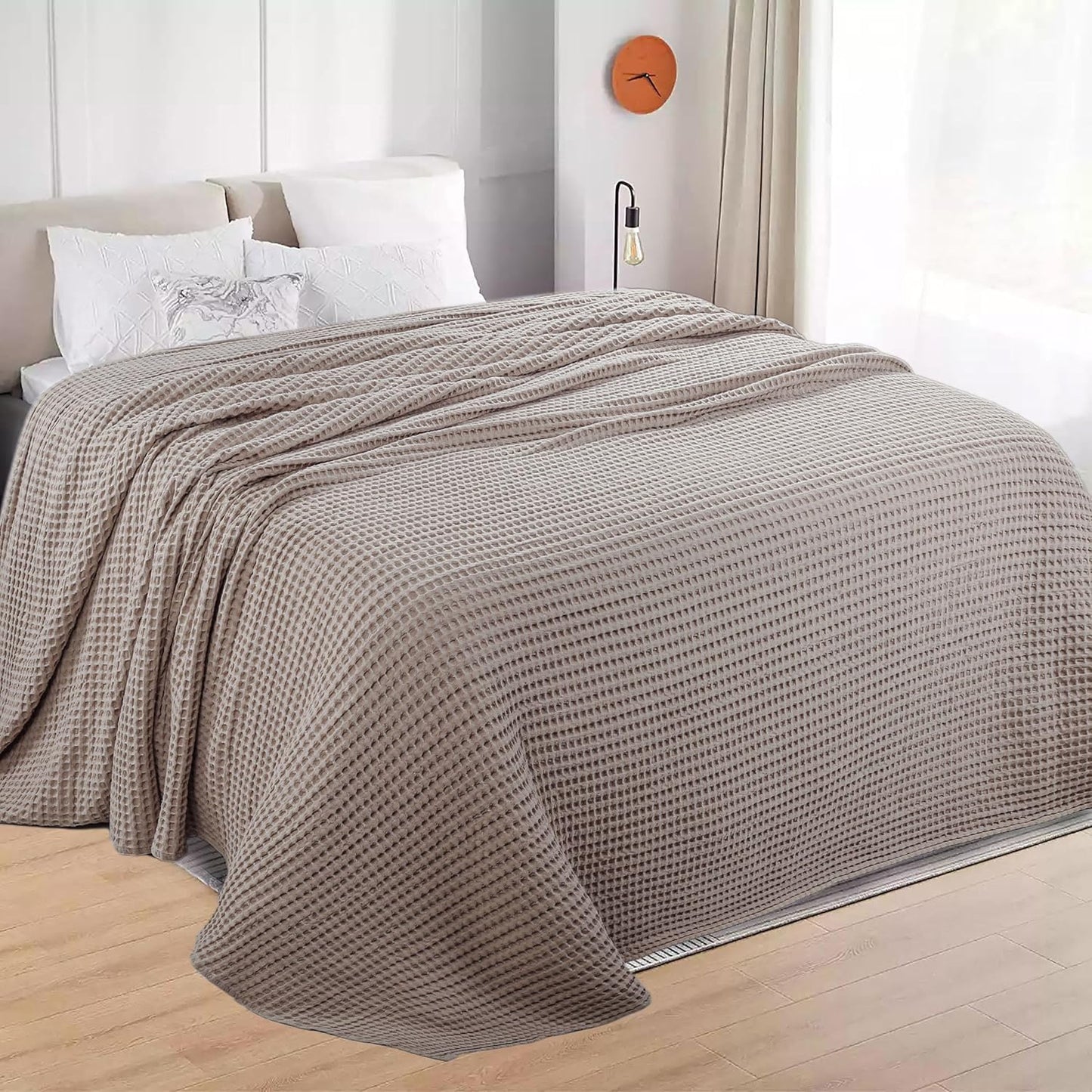 HILLFAIR 100% Cotton Blanket- 120"x120" XXL Oversized King Bed Blankets- Family Size 10 ft x 10 ft Big- Waffle Blankets- All Season Soft Breathable- Extra Large King Cotton Blanket for Bed- Khaki