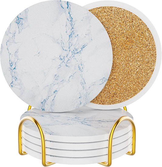 Coasters for Drinks Set of 4, Absorbent Ivory Marble Style with Metal Golden Holder, Ceramic Coaster Set Cup Mat for Home Decor, Bar, Kitchen, Party