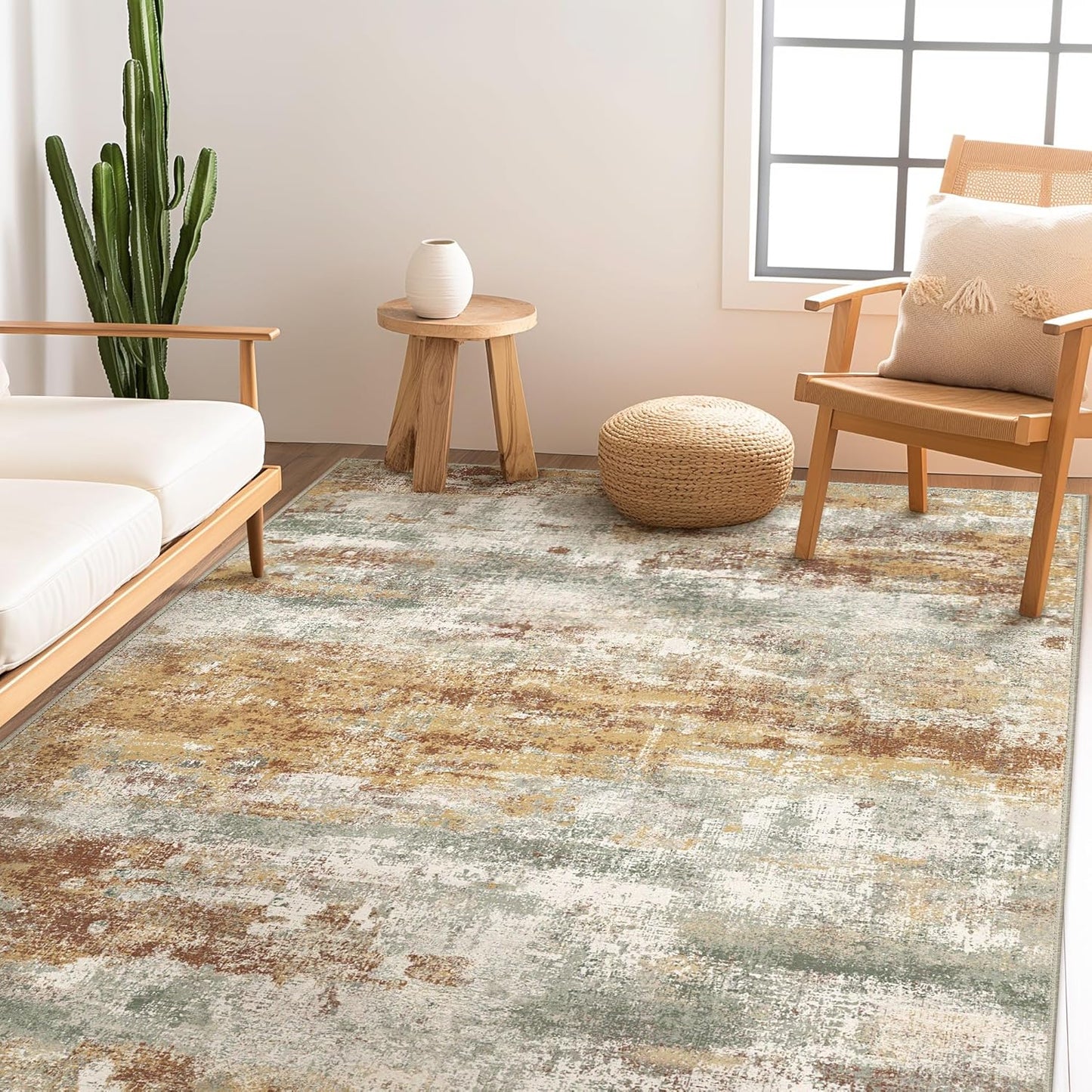 Area Rugs 10x12 for Living Room Bedroom, Modern Abstract Machine Washable Rug, Large Soft Low Pile Floor Cover with Non Slip Backing for Dining Room, Orange Green