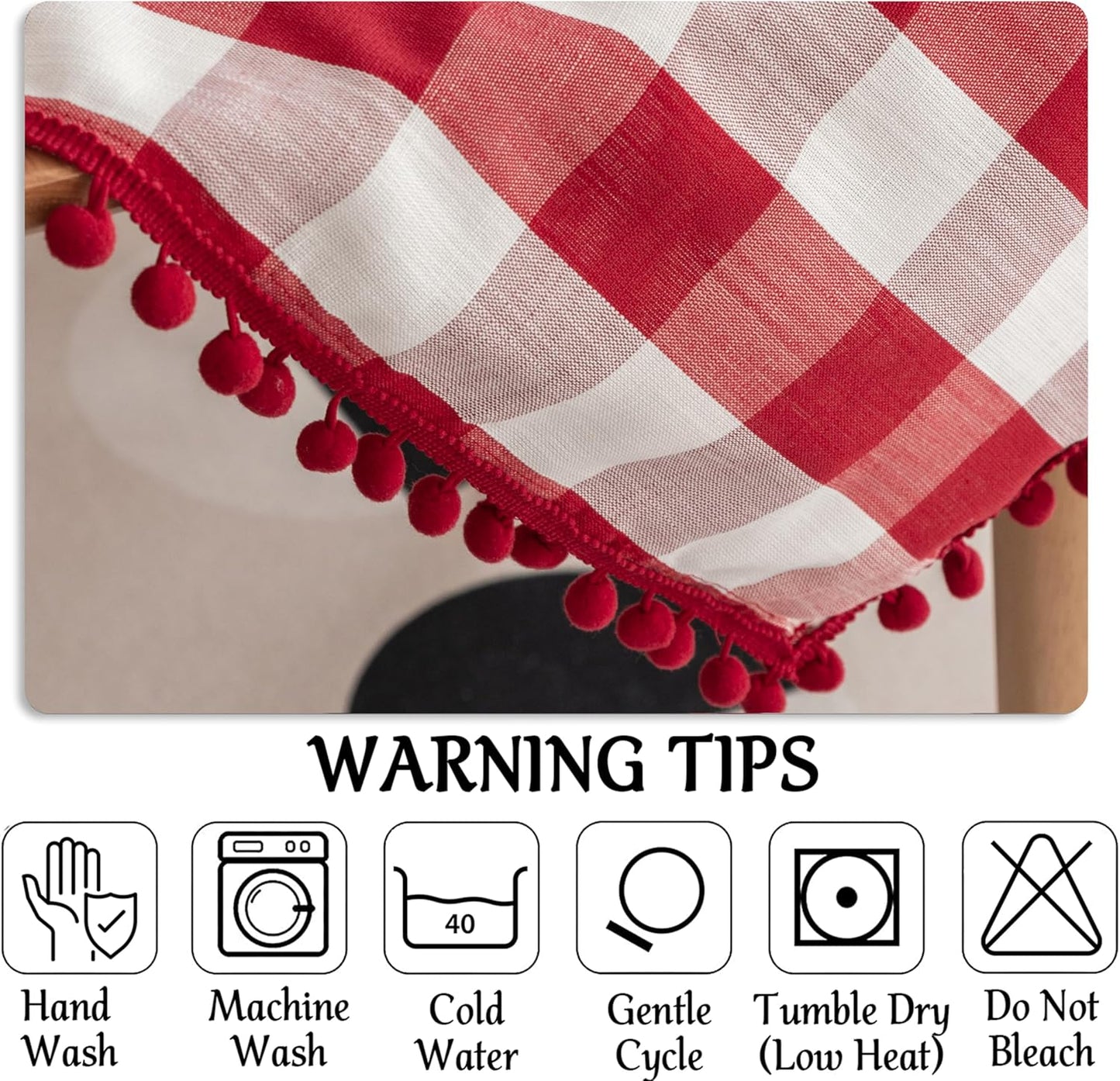 Jubilantex Rectangle Checkered Tablecloth with Pompom Tassel Christmas Checkered Wrinkle Resistant Table Cover for Kitchen Dinning Outdoor,60 x 108 inch Oblong Table Cover, Red and White