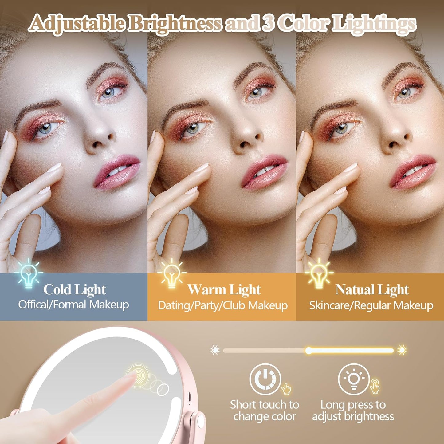 Makeup Mirror with Lights, Double Sided 1x/20x Magnifying Mirror with Light, Rechargeable 3 Color Lights and Adjustable Brightness, 360° Rotation Detachable Comes with Tweezer(Pink)