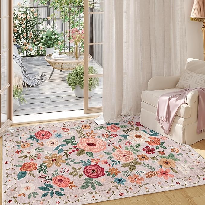 DUKINO 2x3 Rugs for Entryway, Floral Indoor Washable Door Mat, Non Slip Boho Small Rug for Kitchen, Soft Low Pile Front Door Throw Rug for Entrance, Bedroom, Kitchen, Laundry, Bathroom, Beige