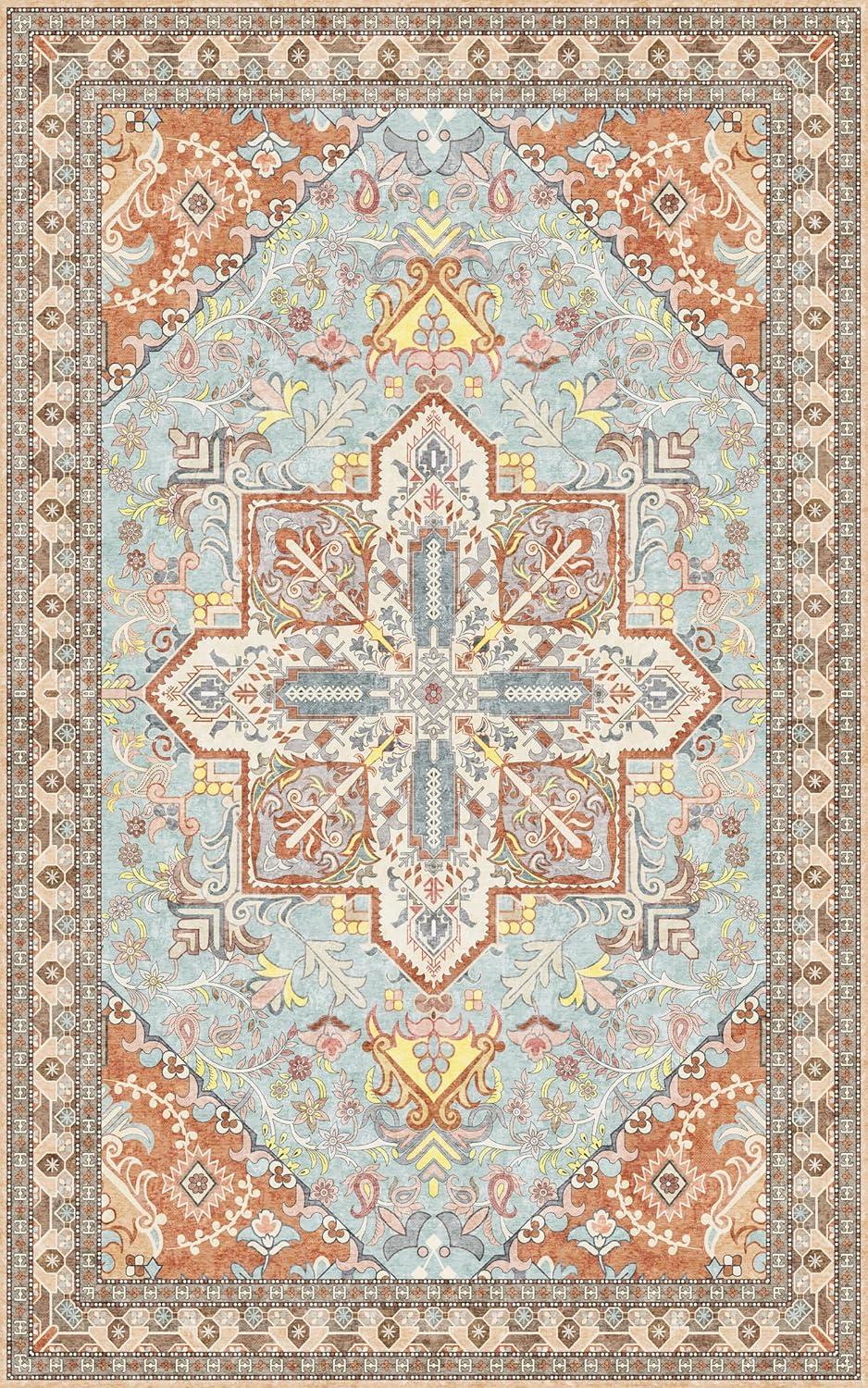 Washable Area Rug 5x8 | Non Slip Area Rug for Living Room, Bedrooms, Dining Room | Ultra-Soft Flannel Carpet Area with Rubber Backing (Light Teal/Rust, 5x8)