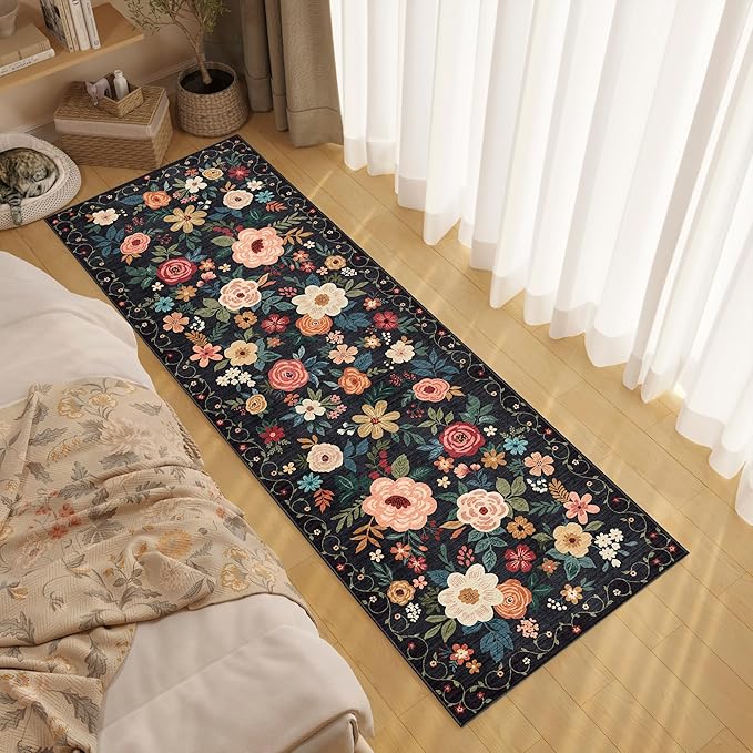 DUKINO Runner Rug, 2.6x8 Kitchen Rugs for Hallway with Non Slip Backing, Washable Low Pile Soft Boho Floral Runner Carpet for Hallway, Kitchen, Entryway, Laundry, Bedroom, Black