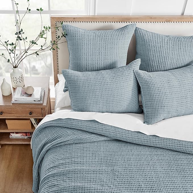 Levtex Home Mills Waffle Twin Bedspread Set (84x104in) with 1 Pillow Sham (26x20in) - Chambray - Cotton Waffle Twin Size Bedspread Set - Lightweight, Soft, Pre-Washed