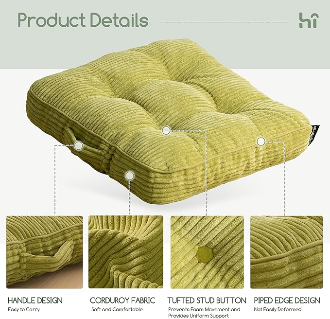 HIGOGOGO Washable Floor Pillow Cushion for Adults, Meditation Cushion Pillow, Large Square Floor Sitting, Removable Tufted Corduroy Cover, for Tatami Living Room or Yoga, 22x22 Inch, Machine Washable