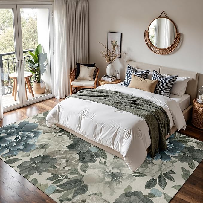 Boho Floral Area Rug 8x10 - Hand-Drawn Gray Green Blooms on Cream, Low-Pile Non-Slip Carpet, Machine Washable for Living Room & Bedroom Vintage Decor.