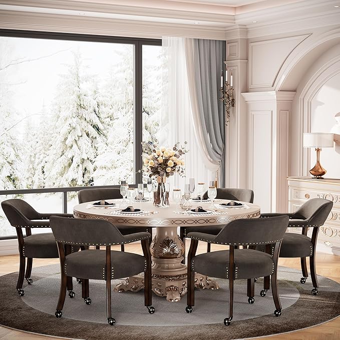 MODERION Dinning Chairs with Wheels and Arms Set of 6, Solid Wood Office Desk Chairs with Frosted Velvet Upholstered, Classic Swivel Accent Chairs, 31.5" H Boss Caption's Chair, Taupe XXY-HT22-WG