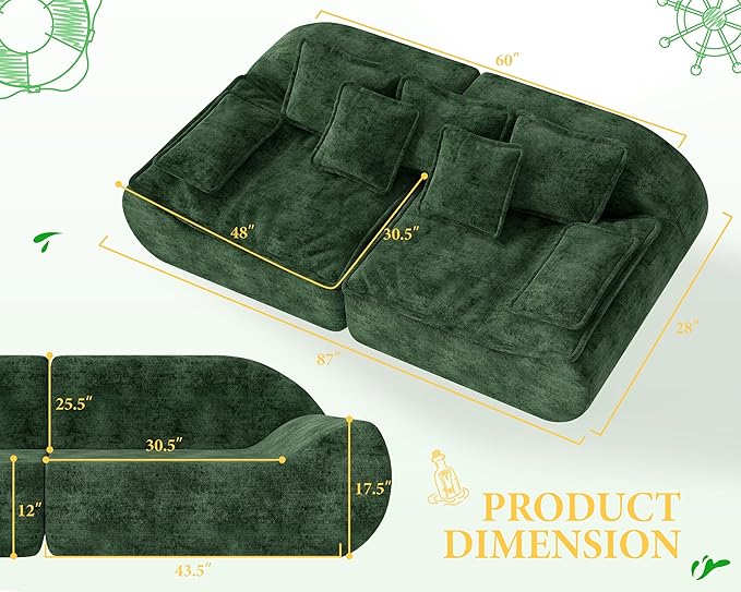 Hobestluk Sectional Sofa Couches 3-Seater Modular Sofa, 87'' Comfy Loveseat with Throw, Deep Seat Small Sofa for Compact Space, Memory Foam Sectional Couches for Living Room, Office, Apartment