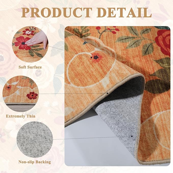 DUKINO 3x5 Area Rug, Floral Rugs for Living Room, Lightweight Non Slip Washable Rug, Indoor Low Pile & Non-Shedding Boho Design Rugs for Bedroom, Living Room, Dining Room, Orange