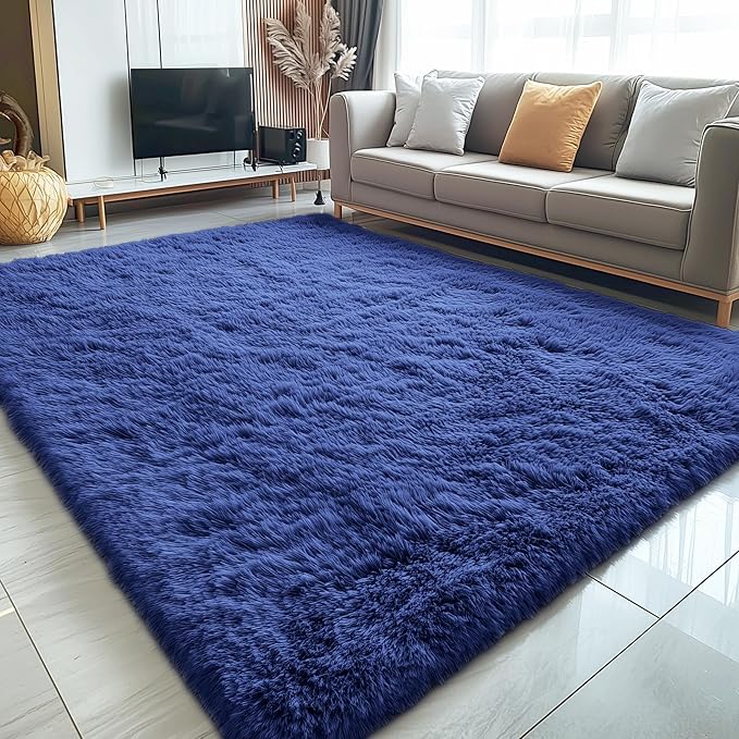 OLANLY 9x12 Machine Washable Large Area Rugs for Living Room, Bedroom, Soft Fluffy Shaggy Bedside Rug, Indoor Floor Carpet for Kids Girls and Boys, Dorms, Nursery, Home Decor Aesthetic, Navy Blue