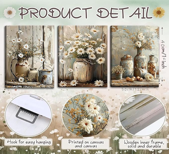 Rustic Farmhouse Daisy Flower Canvas wall art Vintage Country Floral Poster Print Artwork Modern Still Life Nature Botanical Wall Decor for Bedroom, Living Room Bathroom Scene Furniture Decoration