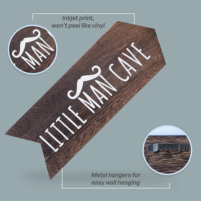Little Man Cave Sign For Boys - 2 Pcs 14" x 5" Baby Boy Nursery Wall Decor Art for Playroom, Rustic Wooden Arrow Sign For Nursery, Cabin Room Wall Decor, Easter Gifts for Kids, Brown